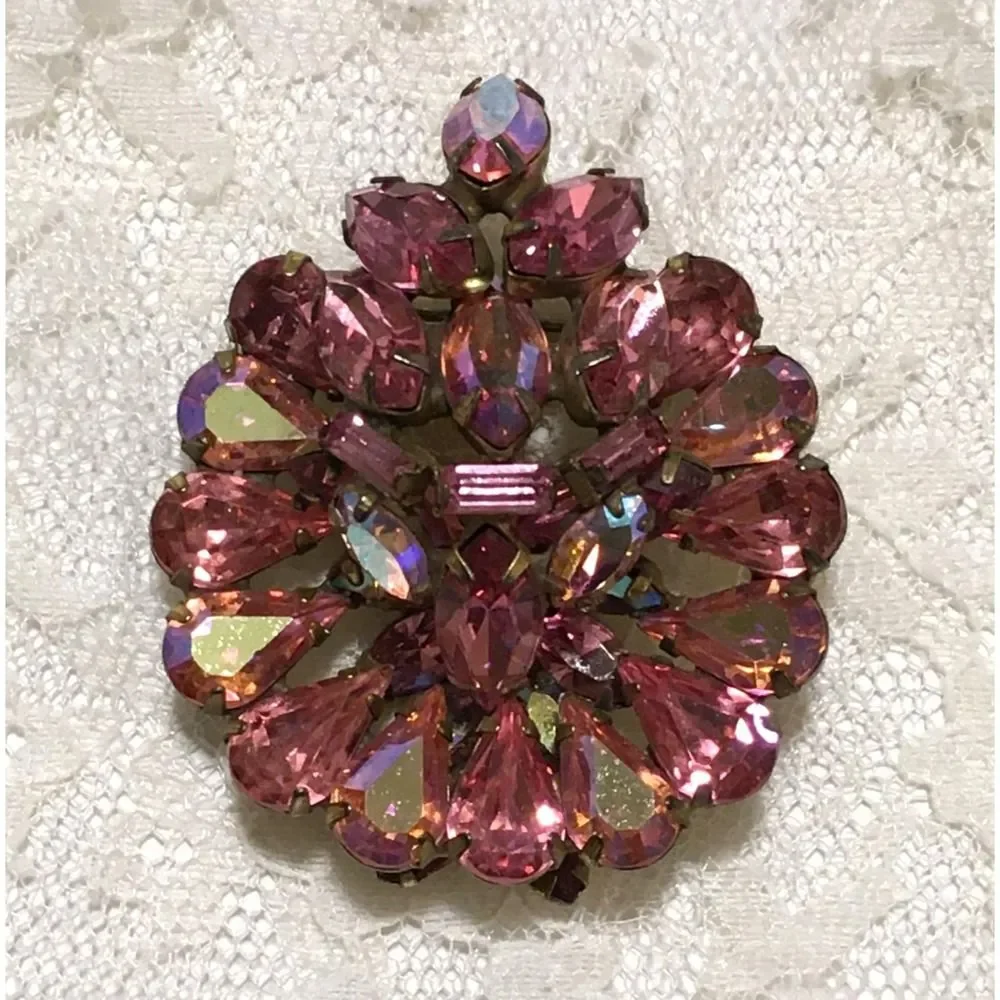 Vintage Pink Rhinestone Brooch Aurora Borealis Stones